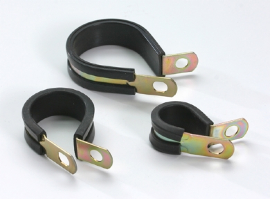 Click to enlarge - P Clips are designed to hold in place light pipework and hoses with the minimum of fuss and fixing. They have an EPDM liner that prevents chafing of the pipe/hose etc.

The band is made from mild steel with a plated finish and P clips are also available in stainless steel.